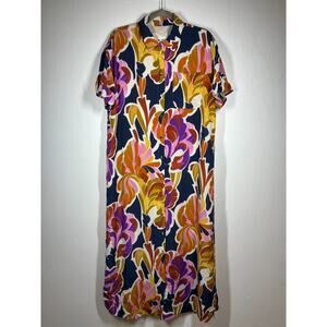 Sezane Editions Floral Silk Midi Shirt Dress 38 FR 6 US Colorful‎ Luxury Long